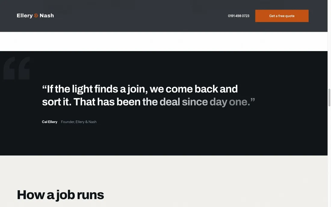 Founder statement section, white text on ink with an oversized ghost quote mark